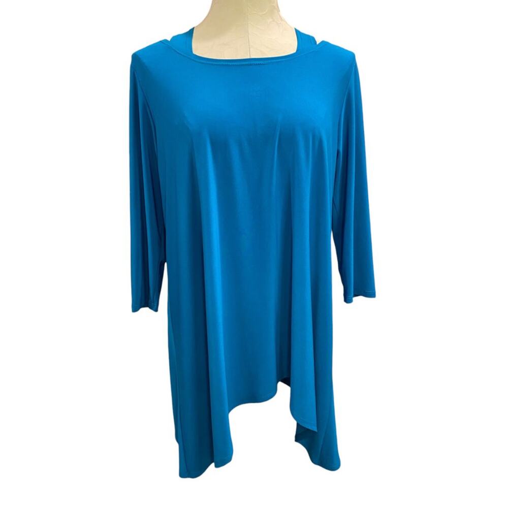 Large Clara Sun Woo Womens Teal Tunic Top Made in USA 3/4 Sleeve